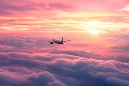 Airplane flying above the clouds at sunset.の素材