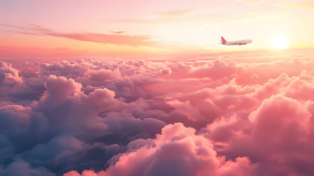 Airplane flying above the clouds at sunset.の素材