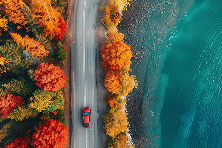 Aerial view of a car with blue waterの素材