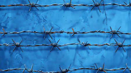 Barbed wire on a blue backgroundの素材