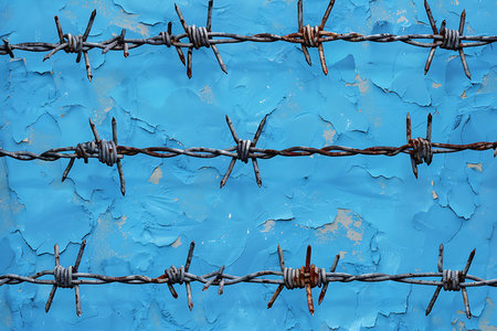 Barbed wire on a blue backgroundの素材