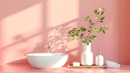 Bathroom interior with sink, soap and plant in vase with flowersの素材
