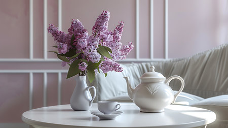 Beautiful lilac flowers in vase on table in living roomの素材