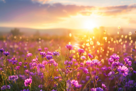 Beautiful panorama rural landscape with sunrise and blossoming meadow. purple flowers flowering on spring field --ar 3:2 Job ID: b608a74e-1ab1-4d83-bcaa-28de2ebe0034の素材