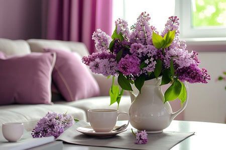 Beautiful lilac flowers in vase on table in living roomの素材