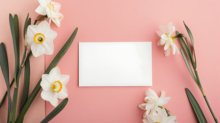 Beautiful white narcissus flowers with blank card on color backgroundの素材