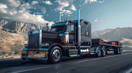 Black big rig semi truck on haighway on maountains backgroundの素材