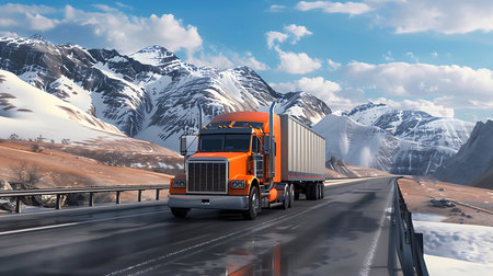 Big rig semi cargo truck on the mounains highwayの素材