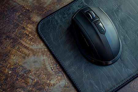 Black computer mouse on a dark wooden background. View from above.の素材