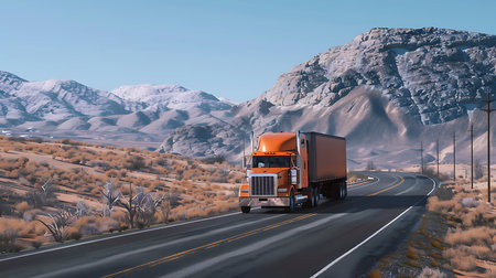 Big rig semi cargo truck on the mounains highwayの素材