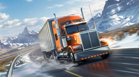 Big rig semi cargo truck on the mounains highwayの素材