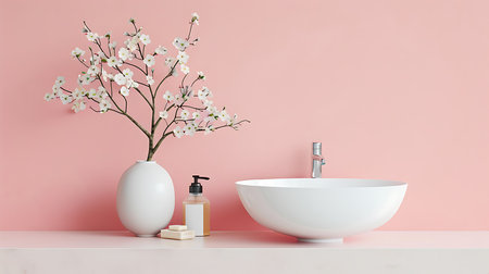 Bathroom interior with sink, soap and plant in vase with flowersの素材
