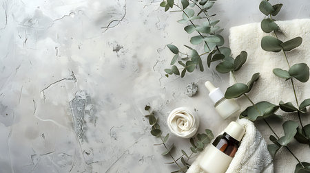 Bathroom interior with eucalyptus branches, towels and cosmetic products on light backgroundの素材