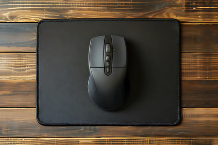 Black computer mouse on a dark wooden background. View from above.の素材