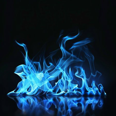 Blue fire flames isolated on black background, blue smokeの素材