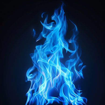 Blue fire flames isolated on black background, blue smokeの素材