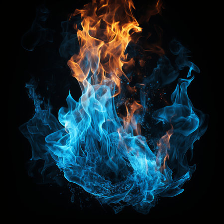Blue fire flames isolated on black backgroundの素材
