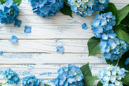 Blue hydrangea flowers on white wooden background, copy spaceの素材