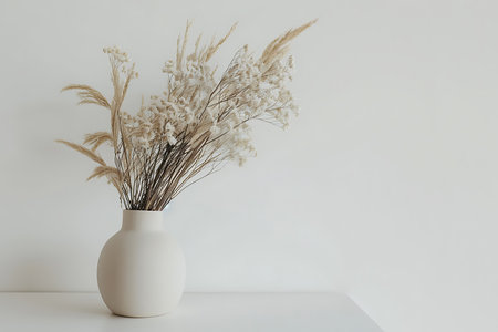 Bouquet of dried flowers in vase on white wall backgroundの素材