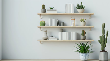 Bookshelf with books and cactuses and succulents on white wall backgroundの素材
