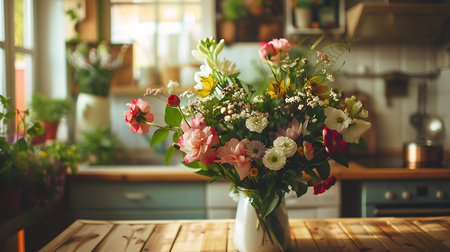 Bouquet of flowers in a vase on a wooden kitchen tableの素材