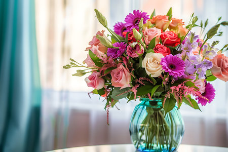Bouquet of flowers in a vase on the tableの素材