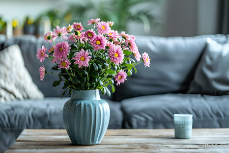 Bouquet of daisies flowers in vase on table in living roomの素材