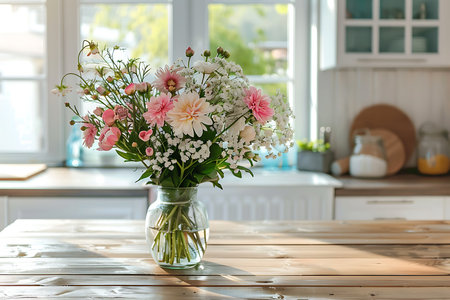 Bouquet of flowers in a vase on a wooden kitchen tableの素材