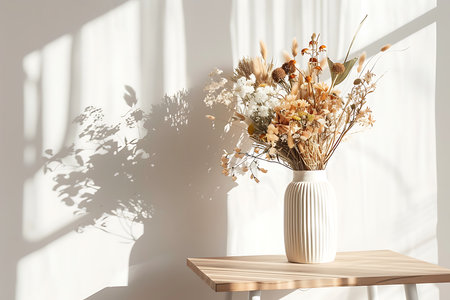 Bouquet of dried flowers in vase on white wall backgroundの素材