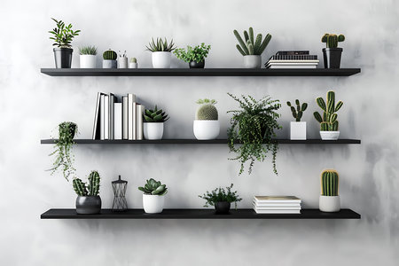 Bookshelf with books and cactuses and succulents on white wall backgroundの素材