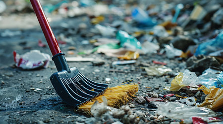 Broken broom and garbage on the floor, closeupの素材