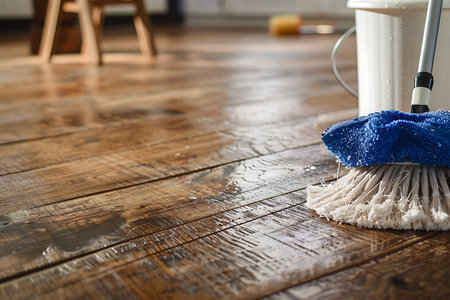 Cleaning the floor with a special brush and a bucket of waterの素材