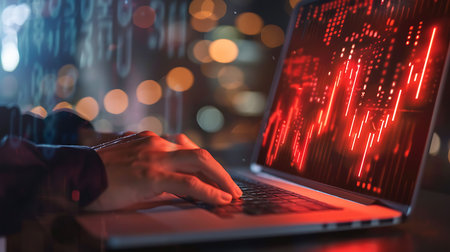 Businessman using laptop with stock market graph on the screen.の素材