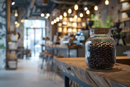 Coffee beans in glass jar on table in coffee shopの素材