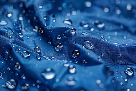 Closeup of water droplets on blue satin fabric as backgroundの素材