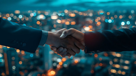 Close up of business people shaking hands against bokeh lights backgroundの素材