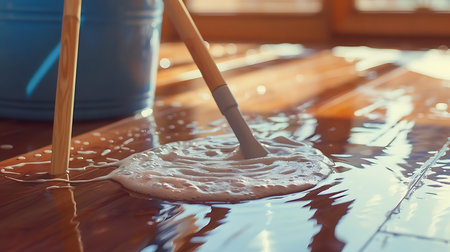 Cleaning the floor with a special brush and a bucket of waterの素材