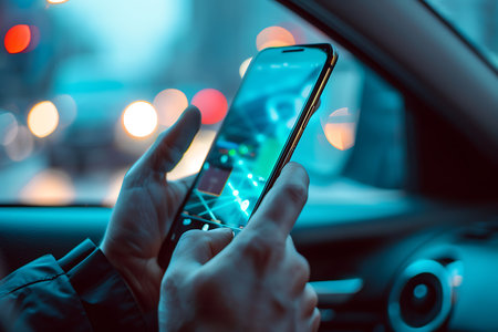 Closeup of a businessman hand using smartphone while driving carの素材