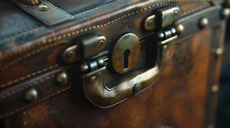 Close up of a black leather briefcase with lockの素材