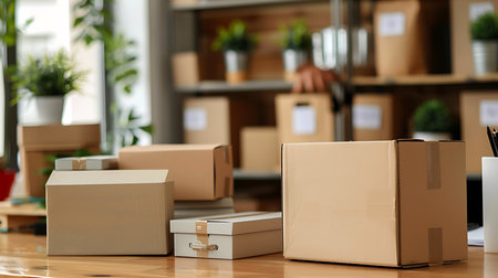 Close up view of cardboard box on table in flower shop with plantsの素材