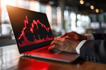 Businessman using laptop with stock market graph on the screen.の素材