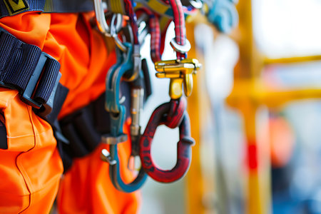 Closeup of climbing equipment on a background of a climberの素材