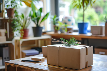 Close up view of cardboard box on table in flower shop with plantsの素材