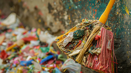 Broken broom and garbage on the floor, closeupの素材