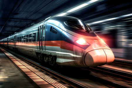 High speed train in motion at nightの素材