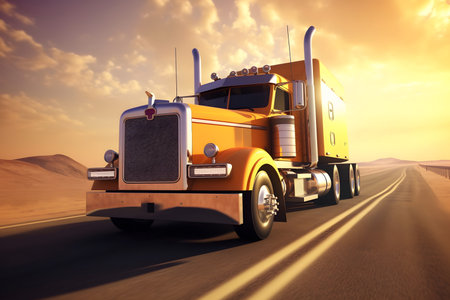 American style truck on freeway pulling loadの素材