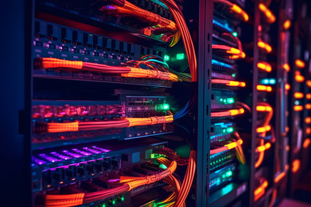 Fiber Optic cables connected to an optic ports in data centerの素材