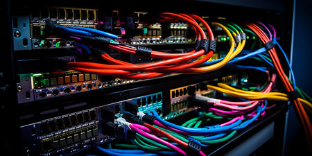 Fiber Optic cables connected to a network switch in data centerの素材