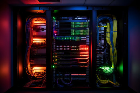 Fiber Optic cables connected to an optic ports in data centerの素材