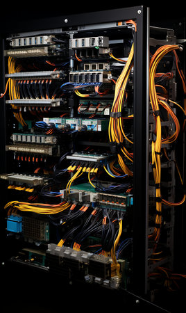 Fiber optic cables connected to network switch in data center roomの素材